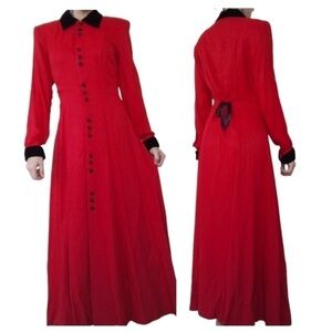 Vintage Women 5 Button Front Collared Red Overcoat Black Velvet Trim Gothic